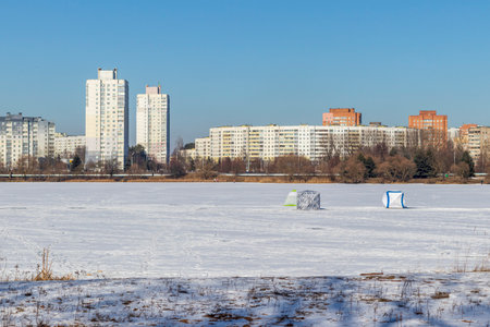 Tents on frozen lake.の写真素材