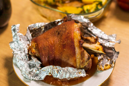 Close up shot of the roasted pork knuckleの写真素材