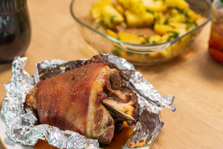 Close up shot of the roasted pork knuckleの写真素材