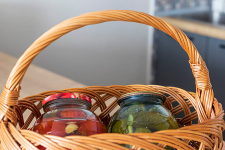 Jars with different types of pickles and preserves in a wicker basketの写真素材