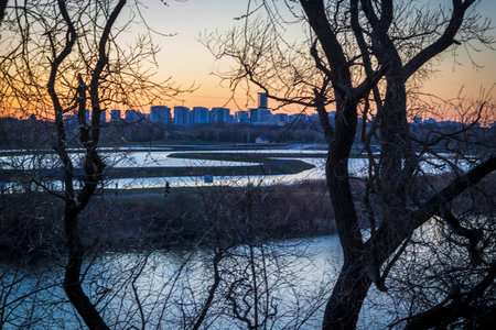 Sun set over a large water reservoirの写真素材
