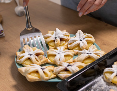 A woman pick the fruit puff pastries with spatula from baking tray and places them on ceramic plateの写真素材
