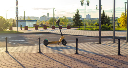 Shot of the rental electric scooter on the street of the cityの写真素材