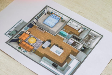 Layout of the small, furnished apartment printed on the sheet of paper placed on the deskの写真素材