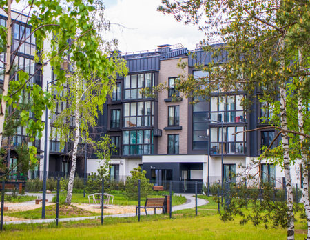 Shot of the stylish, modern, urban, residential suburb where buildings have ergonomic design and vivid colorsの写真素材