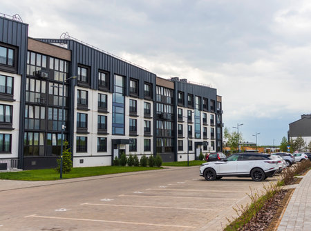 Shot of the stylish, modern, urban, residential suburb where buildings have ergonomic design and vivid colorsの写真素材