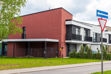 Facade of the stylish, urban, modern house, ergonomically designed and made of ecological materialsの写真素材