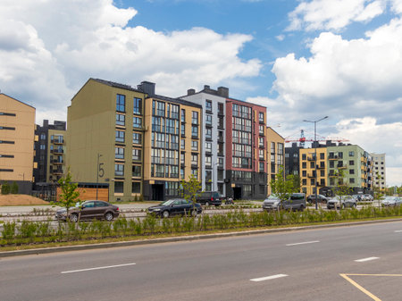 Shot of the stylish, modern, urban, residential suburb where buildings have ergonomic design and vivid colorsの写真素材