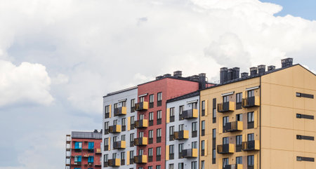 Shot of the stylish, modern, urban, residential suburb where buildings have ergonomic design and vivid colorsの写真素材