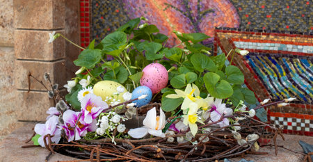 Easter decorations with colored eggs and other elementsの写真素材