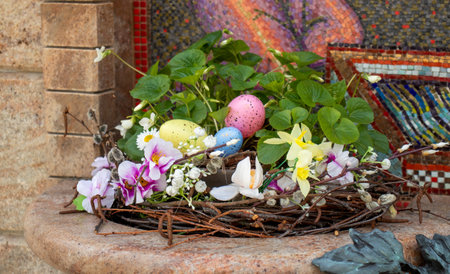 Easter decorations with colored eggs and other elementsの写真素材