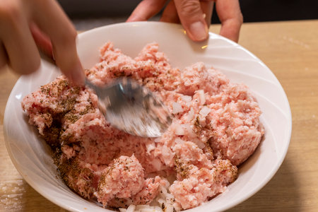 Just ground meat mince in the glass bawl of the electrical chopper on the kitchen counter top being seasoned and mixed. Cookingの写真素材