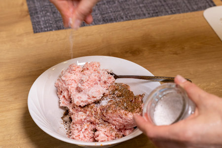 Just ground meat mince in the glass bawl of the electrical chopper on the kitchen counter top being seasoned and mixed. Cookingの写真素材