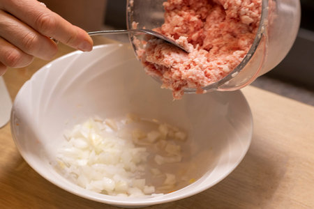 Just ground meat mince in the glass bawl of the electrical chopper on the kitchen counter top being seasoned and mixedの写真素材