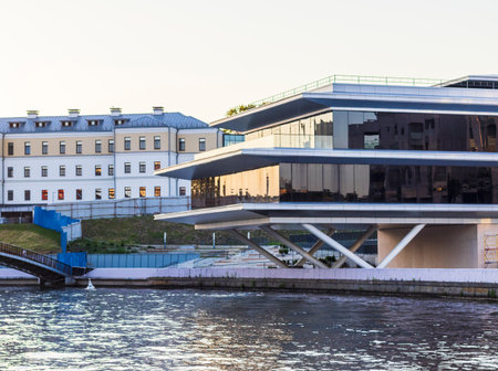 Modern, stylish yacht club building by the riverの写真素材