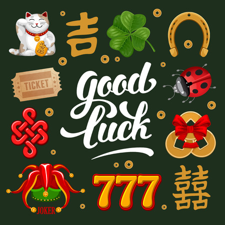 Set of Lucky Charms, Symbols and Talismans. Calligraphy Lettering Inscription Good Luck. Vector Illustration.のイラスト素材