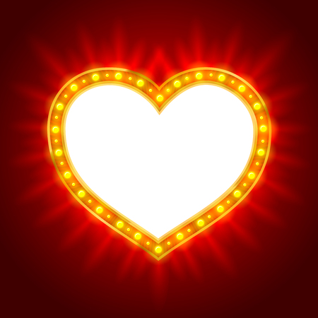 Retro Neon Lights Frame in Heart Shape. Romantic Design for Valentines Day. Vector illustration.のイラスト素材