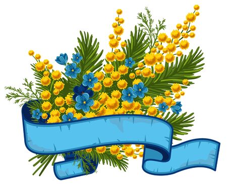 Beautiful bouquet of mimosa and forget-me-not, vector illustrationのイラスト素材
