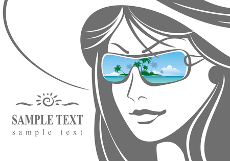 Beautiful girl in a hat and sunglasses. There is a blank space for your text.のイラスト素材