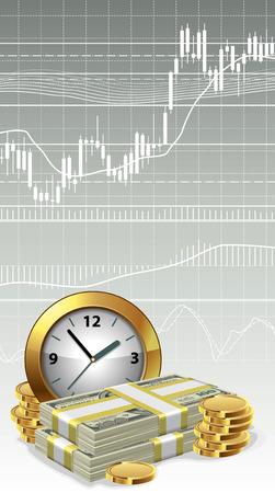 Clock and money on a background of the exchange graph. Time is money concept. Vector illustration.のイラスト素材