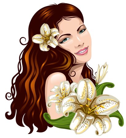 Pretty young woman with a bouquet of liliesのイラスト素材