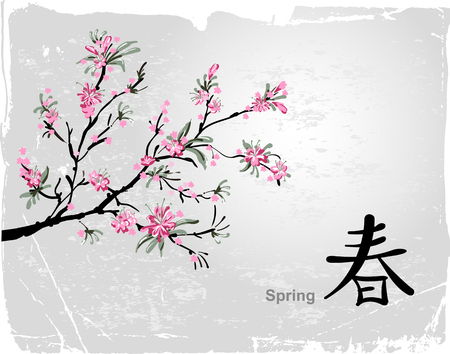 Japanese painting of flowers, background with sakura blossomのイラスト素材