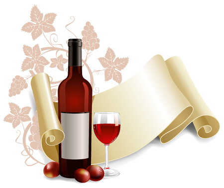 Wine bottle with grape, glass and manuscriptのイラスト素材