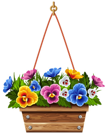 Wooden flower pot with multi colored pansies. Vector illustration.のイラスト素材