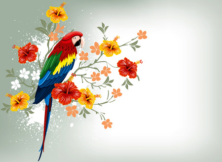 Bright parrots sitting on a branch with tropical flowersのイラスト素材