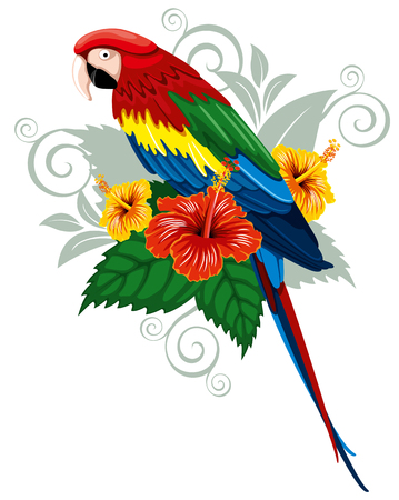 Bright parrots sitting on a branch with tropical flowersのイラスト素材