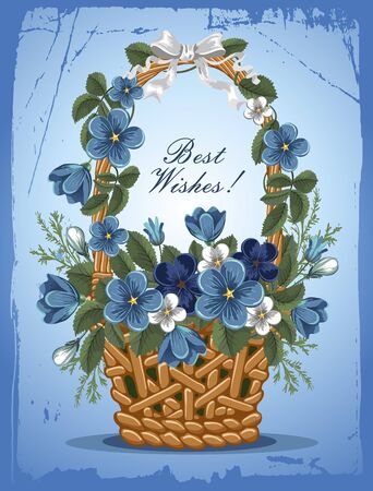 Romantic background with flowers of forget-me-not in the basket, painted in vintage styleのイラスト素材