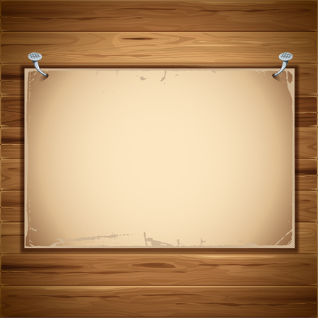 Old paper sheet nailed to a wooden backgroundのイラスト素材