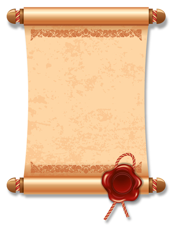 Vector illustration of ancient manuscript, with vintage rope and wax seal.のイラスト素材