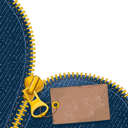 Metal zipper with label on denim backgroundのイラスト素材