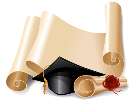 Background with graduation cap, diploma and place for your text. Vector illustration.のイラスト素材