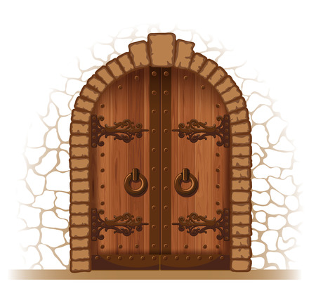 Arched medieval wooden door in a stone wallのイラスト素材