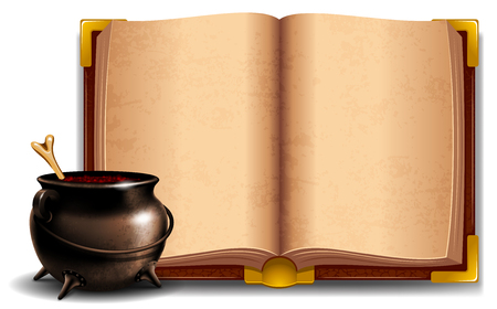 Witches cauldron with potion and magic book isolated on white backgroundのイラスト素材