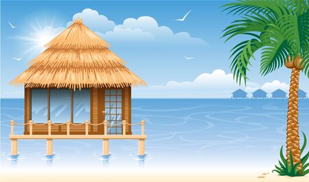 Wooden water bungalow on coast of tropical sea. Vector illustration.のイラスト素材