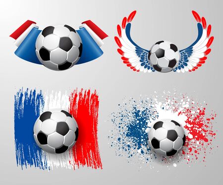 Set of designs France football championship with ball and france flag colors. Football ball and france flag. Football ball with wings in france flag colors. Vector.のイラスト素材
