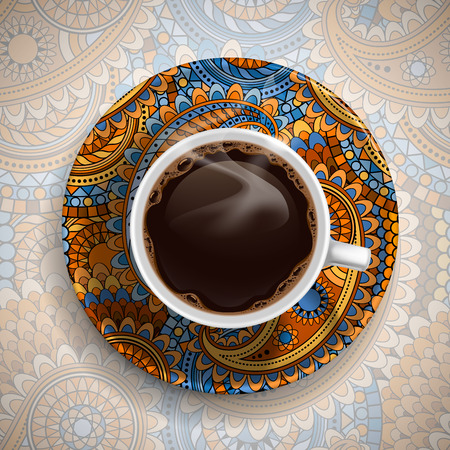 Cup with fresh hot coffee on luxury painted saucer and ornate background. Vector illustration.のイラスト素材