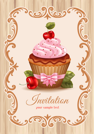 Cute festive background with cherry cupcake, cream and chocolate. Vector illustration.のイラスト素材
