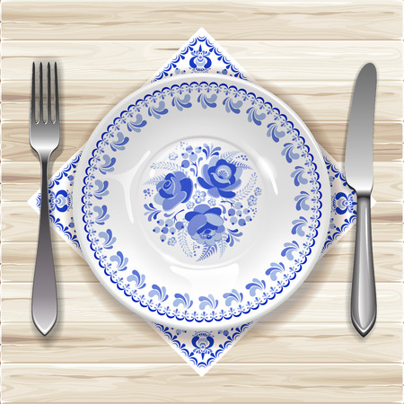 White plate with russian ornament in gzhel style on wooden table. Vector illustration.のイラスト素材