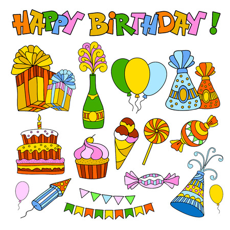 Set of festive doodle icons. For Happy Birthday, annual and other holidays.のイラスト素材