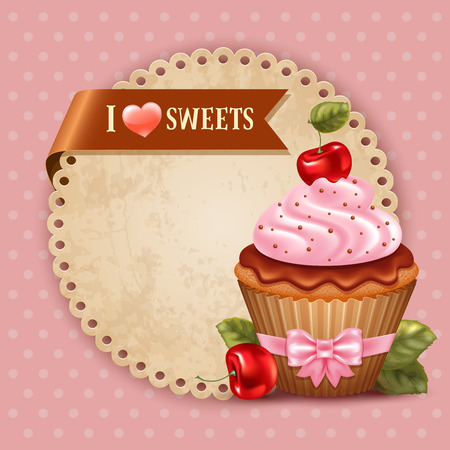 Cute festive background with cherry cupcake, cream and chocolate. Vector illustration.のイラスト素材