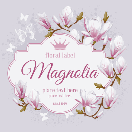 Vintage vector card with spring flowers of magnolia in pastel colorsのイラスト素材