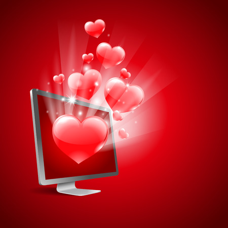 Hearts and monitor. Virtual relationship  concept. Vector illustration.のイラスト素材