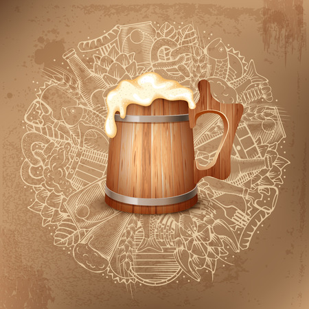 Beer round design in Outline Hand Drawn Doodle Style with Different Objects on Beer Theme. Beer and Snack. Colorful. All elements are separated and editable.  Vector Illustration.のイラスト素材