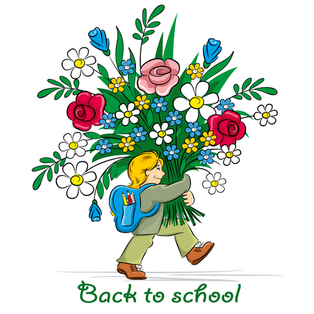 schoolboy with a big bouquet goes to schoolのイラスト素材