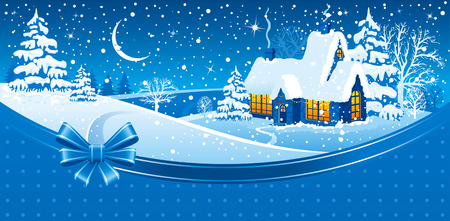 Christmas night in the village. Vector image.のイラスト素材