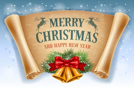 Merry Christmas greeting card with golden jingle bells and old scroll paper. Vector illustration.のイラスト素材